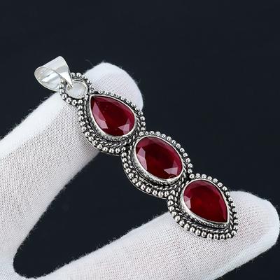 Red Ruby Pendant, 925 Sterling Silver, Three Red Gemstone Pendant, Red Ruby Gemstone, Handmade Gifts, Handmade Jewelry For Gifts For Her