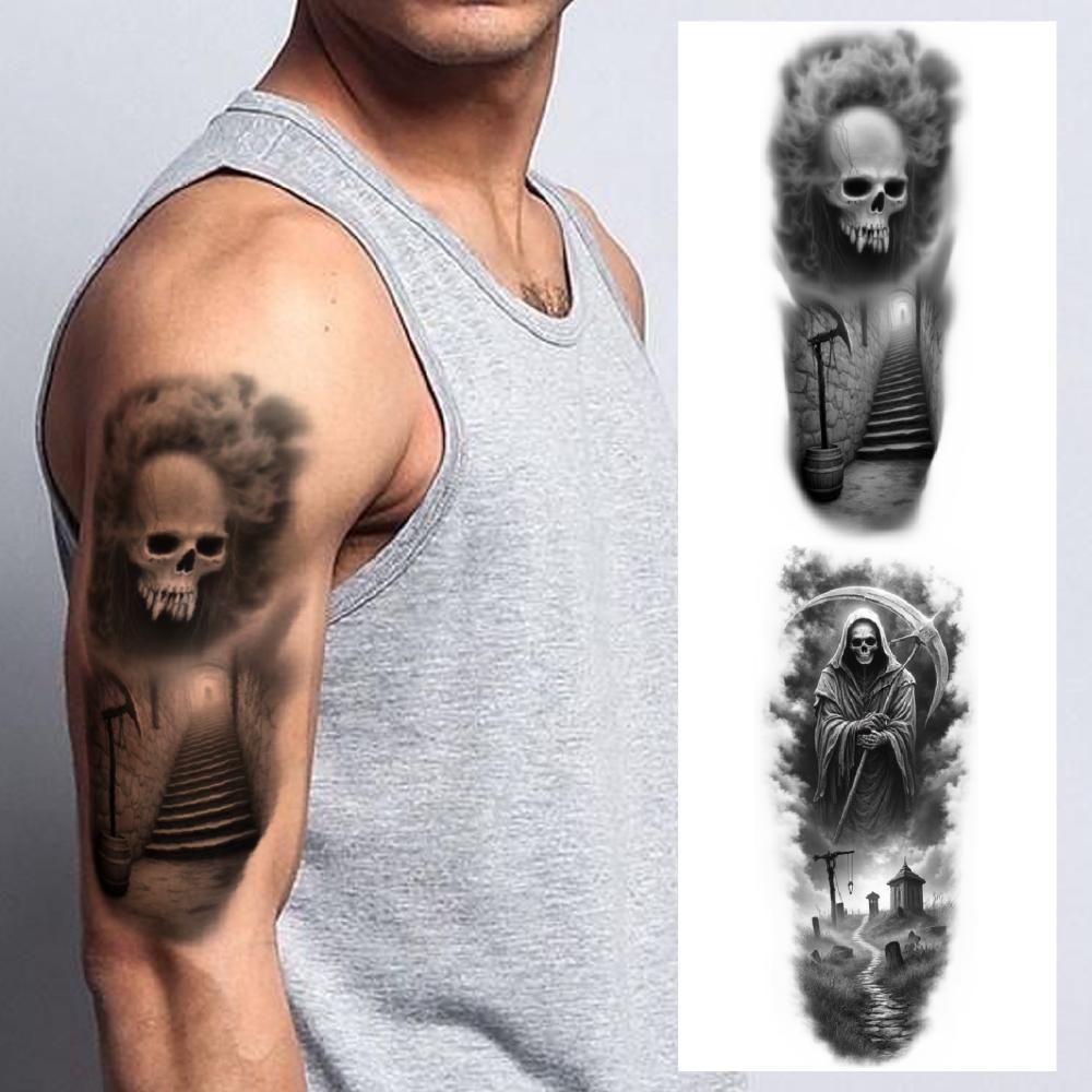 3pcs Temporary Tattoo Waterproof Long-lasting Body Stickers Tower Of Skulls Temple Of Faces All-Seeing Eye For Men Arms Adults