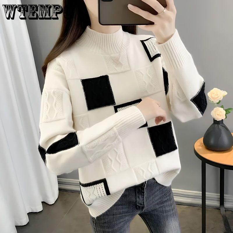 

Checkered Sweater for Women Jacquard Half Turtleneck Knitted Sweater Long-sleeved Loose Pullover for Autumn and Winter 2XL бежевый