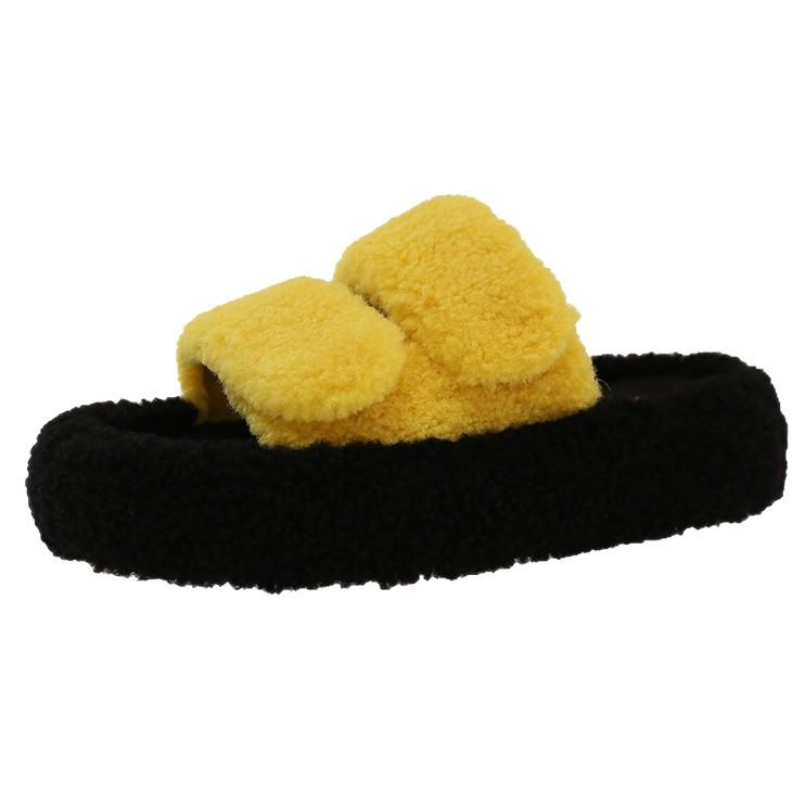 Thick-bottomed fluffy slippers for women's outer wear, one-word velvet to keep warm and increase height, autumn and winter 2025 new mink wool cotton s