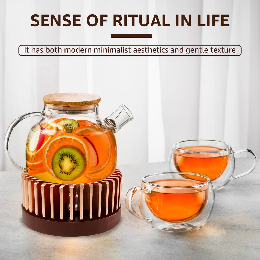 Teapot Warmer with Hollow Frame Aluminum Alloy Tea Pot Heater with Detachable Wood Base Stable Placement for Coffee Milk Tea