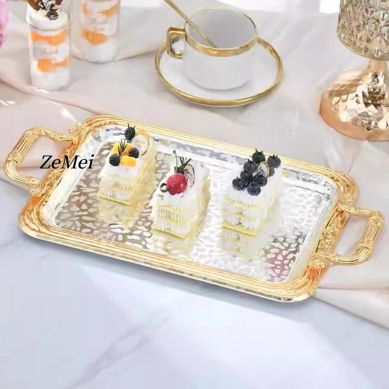 European-Style Rectangle Fruit Plate,Carving Snowflake Home Portable Platinum Metal Cake Tray,Storage Plate Wedding Decoration
