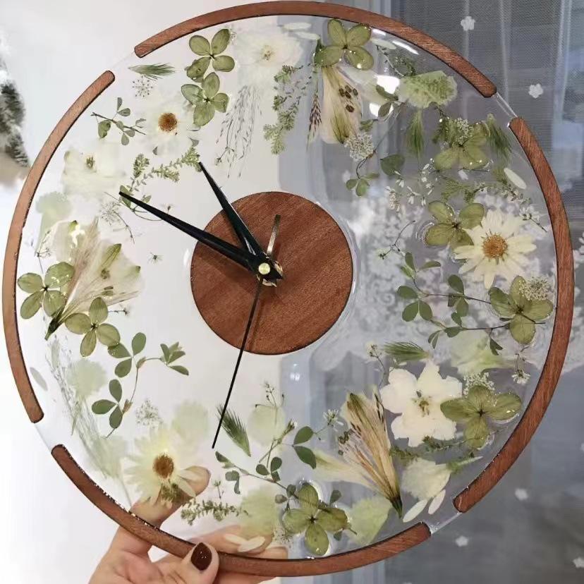 DIY Handmade Dried Flower Embossed Wall Clock with Wood Grain Border