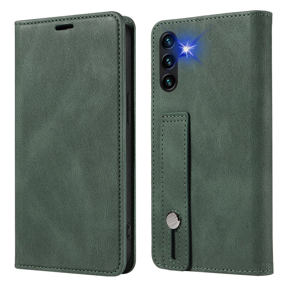 

Кожаный чехол-книжка с магнитной застежкой для Samsung A55 A13 5G A15 A05, в комплекте ремешок на запястье. A53 5G зелёный