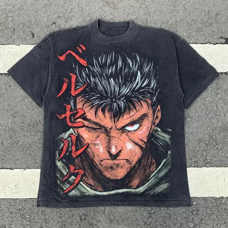 Hot Anime Berserk Guts Print T-shirt Men Women Short Sleeve Clothing Cotton Tshirt Retro Washed T Shirt Harajuku Male Manga Tops