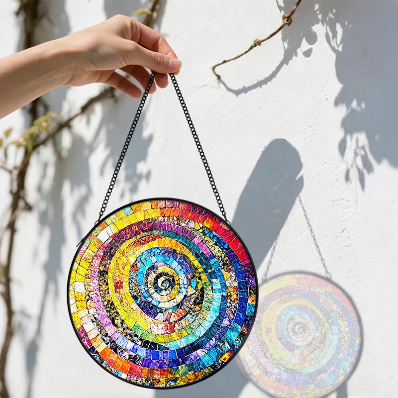 2D Flat Stained Glass Rainbow Spiral Window Decoration, 6.3/7.87inches Colored Glass Plate with Chain, Charming Indoor/Outdoor Sun Catcher Home