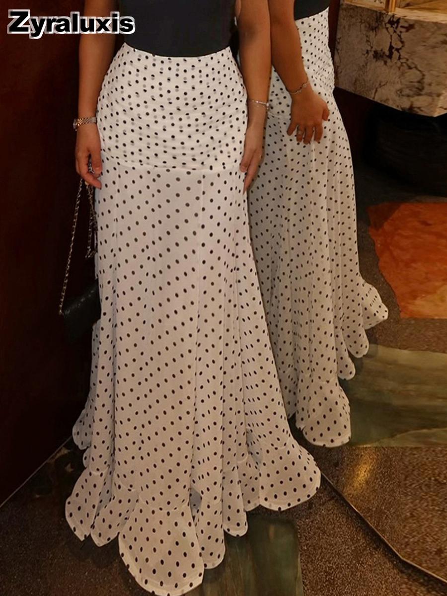 Spring Summer High Waist Fashion Polka Dot Bodycon Long A-Line Skirt for Women XS