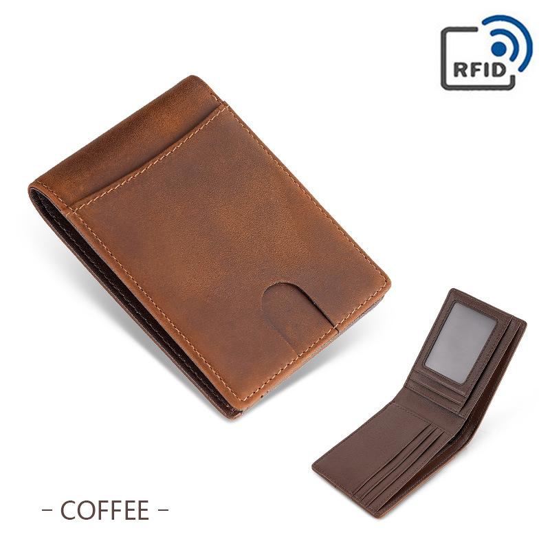 Crazy Horse Skin Men's Wallet Retro Genuine Leather RFID Blocking Multifunctional Anti-theft Brush