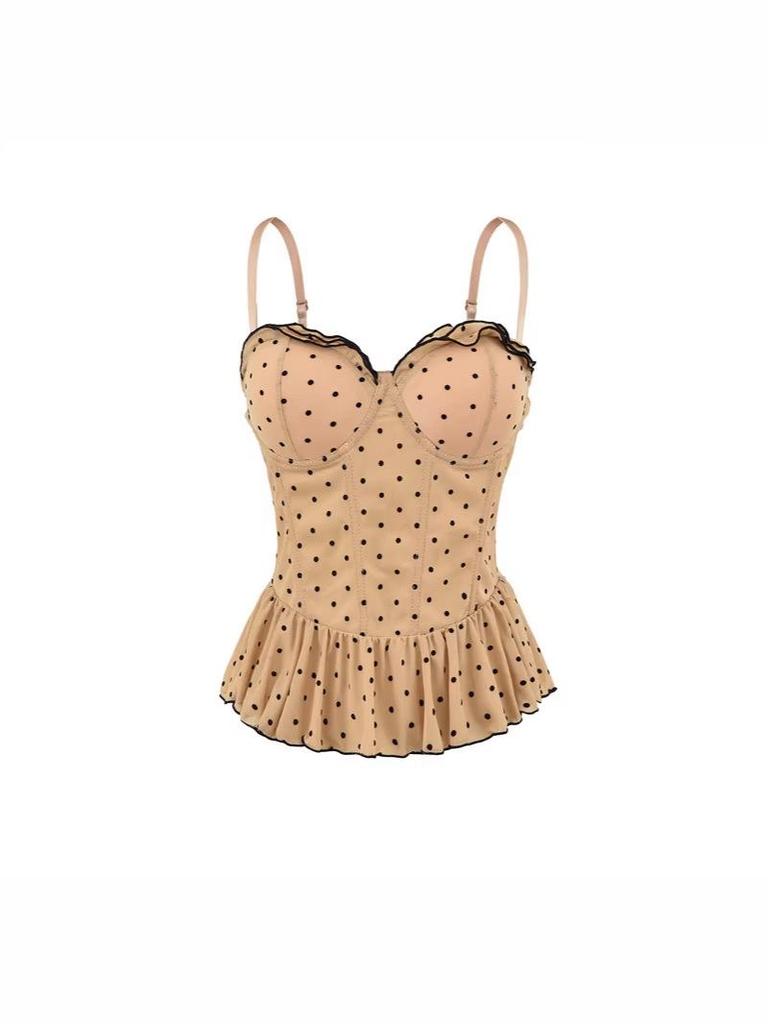 Korean Elegant Polka Dot Ruffle Camisole, Slim Fit with Chest Pads, Waist-Cinched, Flattering Lace Top for Women