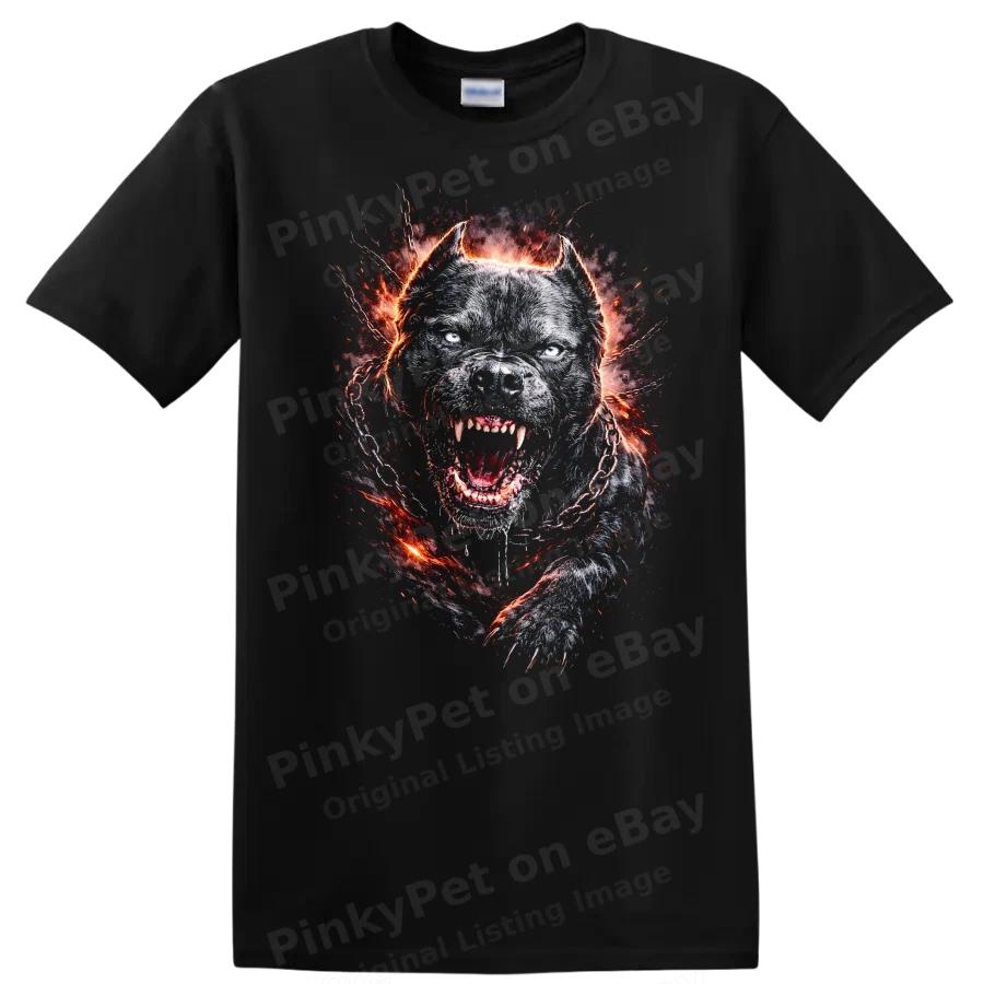 Fierce Dog Graphic T Shirt with Fire and Chains Animal Lover Tee
