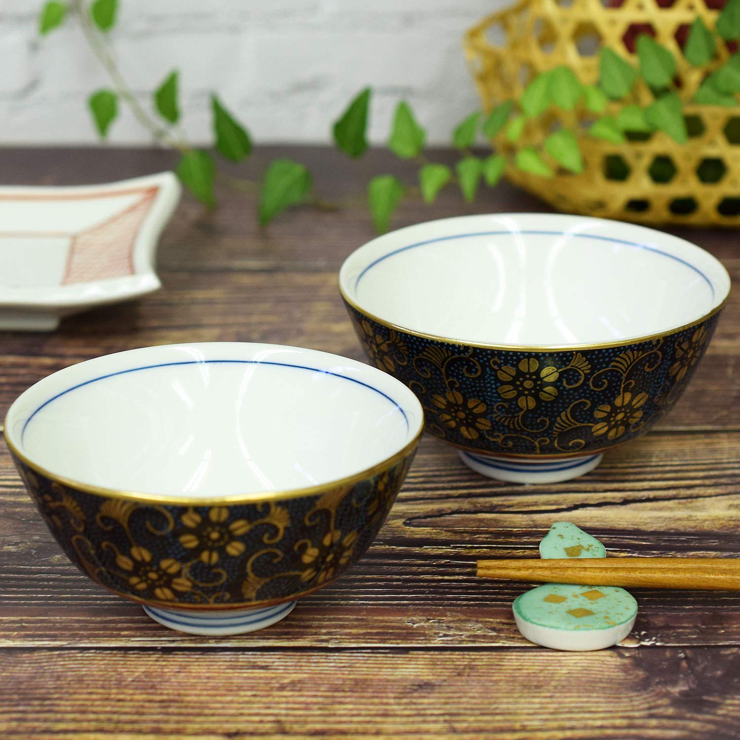 

Waza no Kura Pair Rice Bowls - Stylish Japanese Tableware - Kutani Ware Couple s Rice Bowls - Blue Grain Clematis - High-Quality Ceramic Brand - Made