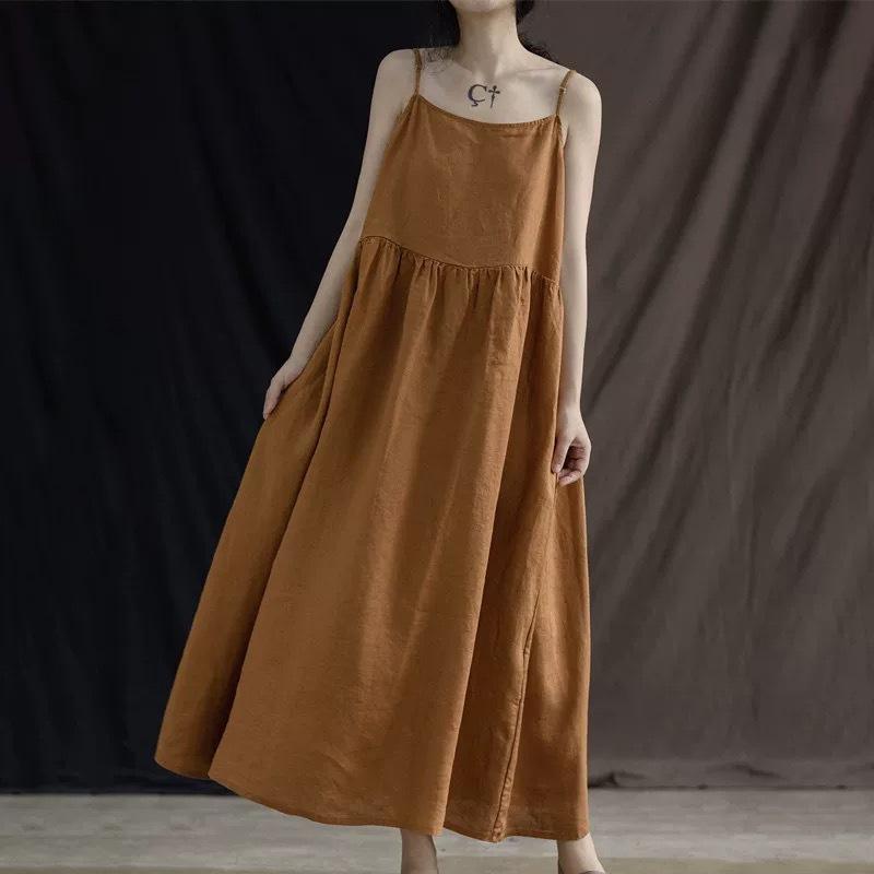 

Women s Summer Cotton Linen Maxi Dress, Adjustable Spaghetti Strap Solid Color Loose Casual Cami Long Dress for Daily Vacation Wear 2XL жовтий