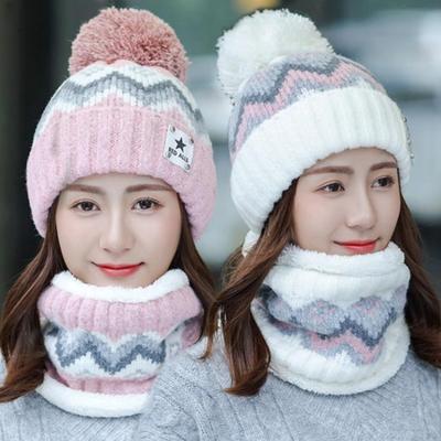2 Piezas/Set Sombrero de Invierno para Mujer y Set de Bufanda Decoración de Bola de Felpa Color en Contraste Gorro de Felpa Gruesa a Prueba de Frío para Exterior Esquí Patinaje Ciclismo Cubre Cuello Capucha