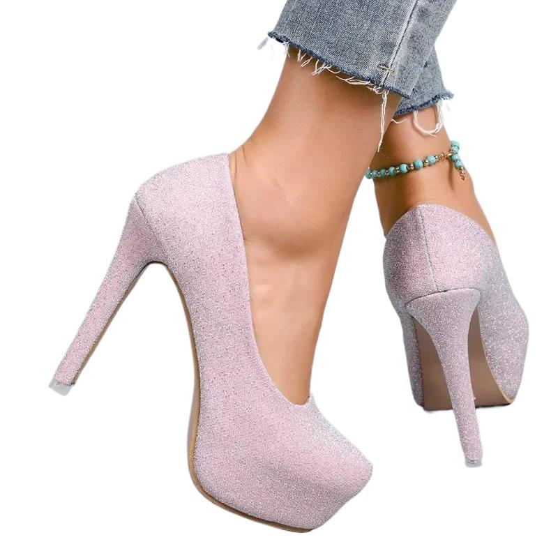 Round Toe Solid Color Pumps Super High Heel Thin Heels 2024 High Quality Women's Shoes Slip-on Spring/Autumn Platform Pumps