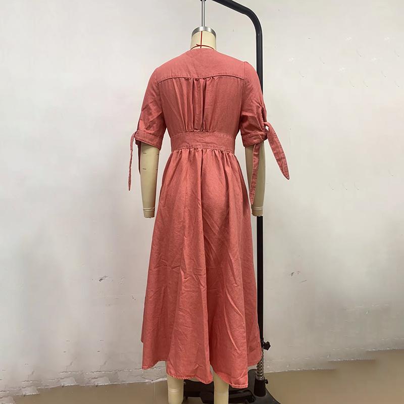 Fashion Sexy V-neck Denim Dress Women's Single Breasted Half Sleeved A-line Dress Solid Color Commute Minimalist Dresses Spring and Summer New