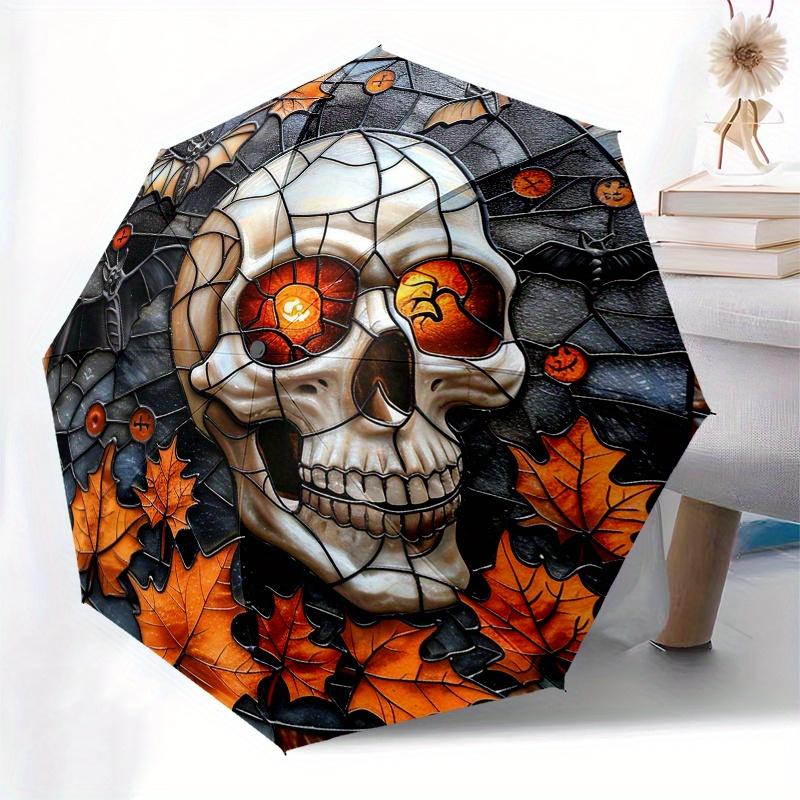 Halloween Skull Stained Window PanelUmbrella, Portable 3-Fold Compact Umbrella for Men & Women Gift