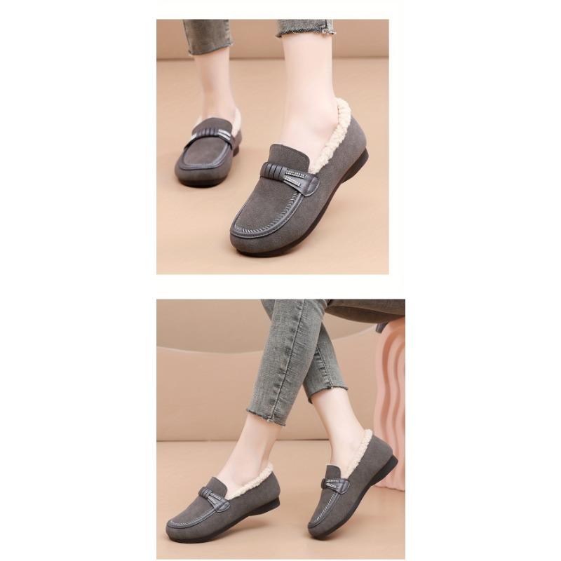 Women's Plush Lined Flat Shoes,Solid Colour Winter Warm Slippers,Warm Outdoor Flat Shoes