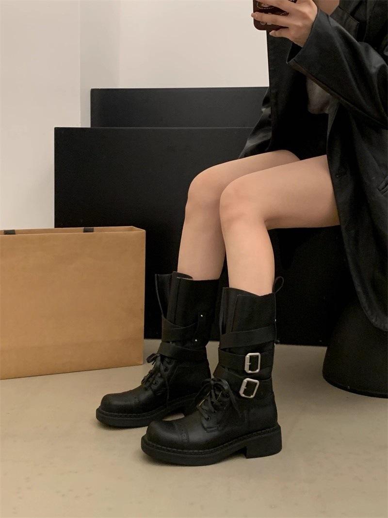 

Retro Martin boots women s spring and summer new thick heel belt buckle short boots locomotive boots versatile single boots 39 чёрный