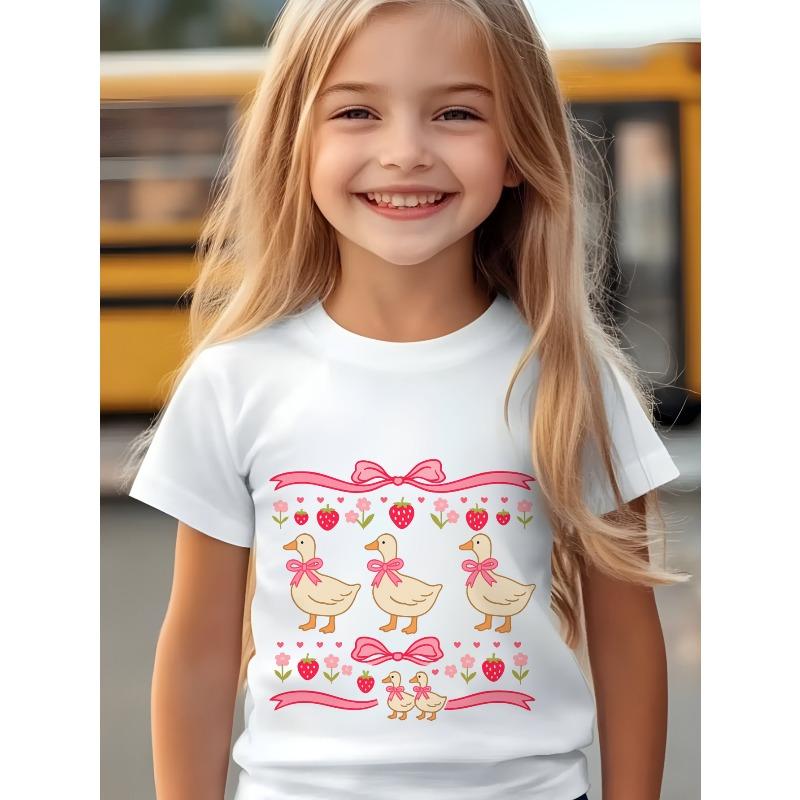 European sizes Girls  Cute Duck & Strawberry Print T-Shirt - Soft Breathable Round Neck Tee with Pink Bow Design 110 белый