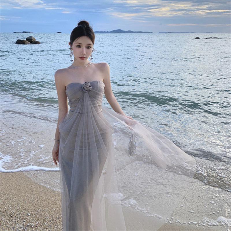 Fairy Temperament Mesh One-word Shoulder Tube Top Dress Fairy Summer Seaside Vacation Beautiful Long Dress