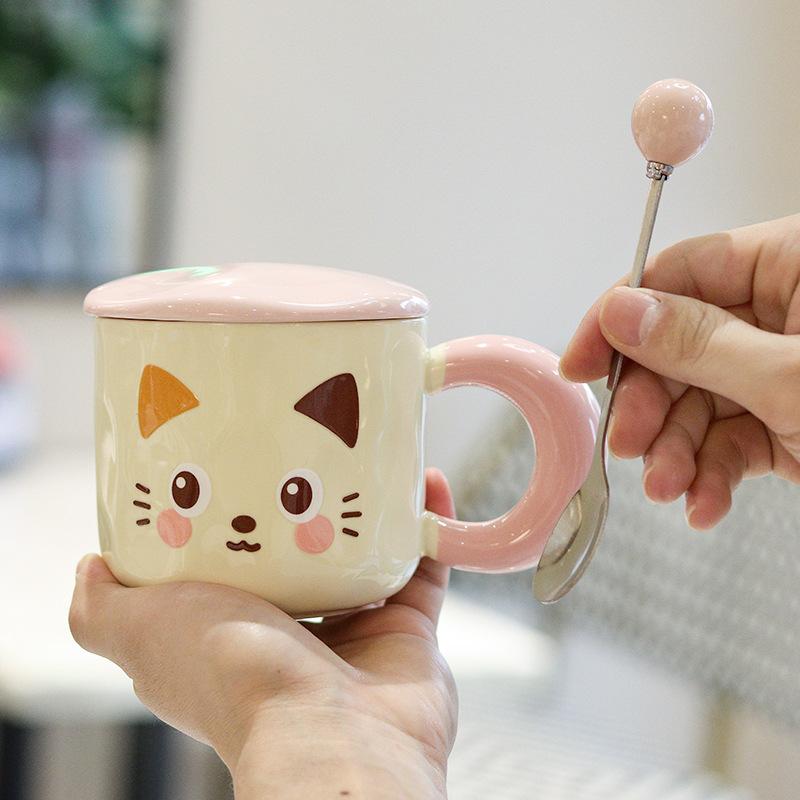 

Cute Breast Fufu Kitten Mug with Lid Ceramic Water Cup Cartoon Birthday Gift High Appearance Meaningful Gift 401-500ml