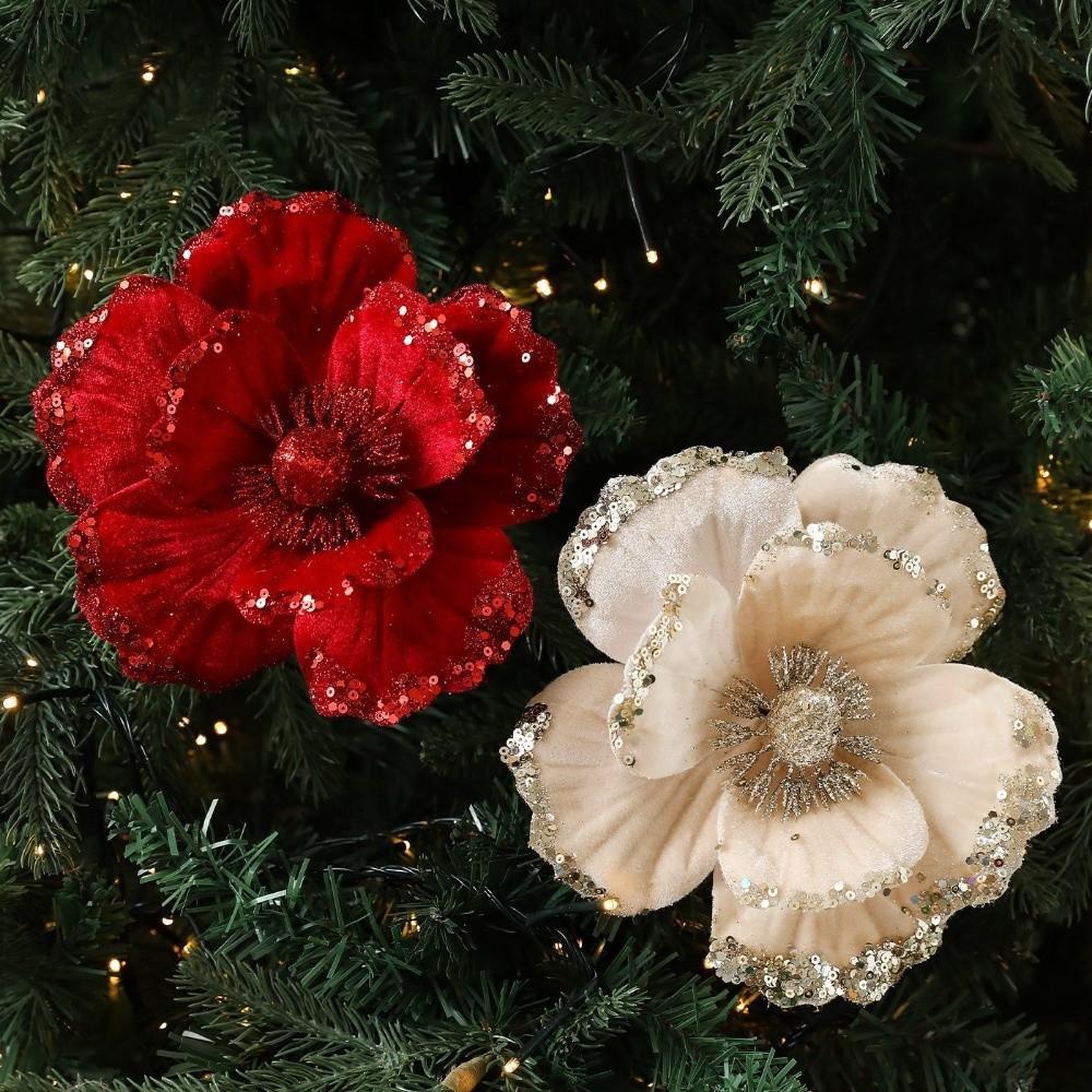 15cm Artificial Poinsettia Glitter Flower Sequin Photography Props Fake Christmas Flowers Flannel 3D Simulation Magnolia