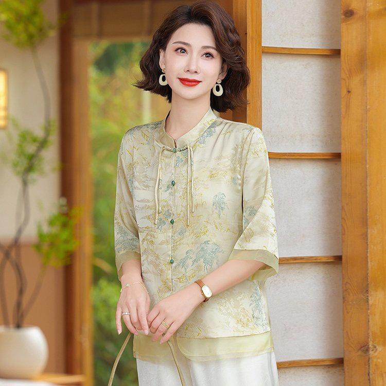 Mom's Trendy Chiffon Short-Sleeve Shirt for Middle-Aged Women - Summer 2026 Collection