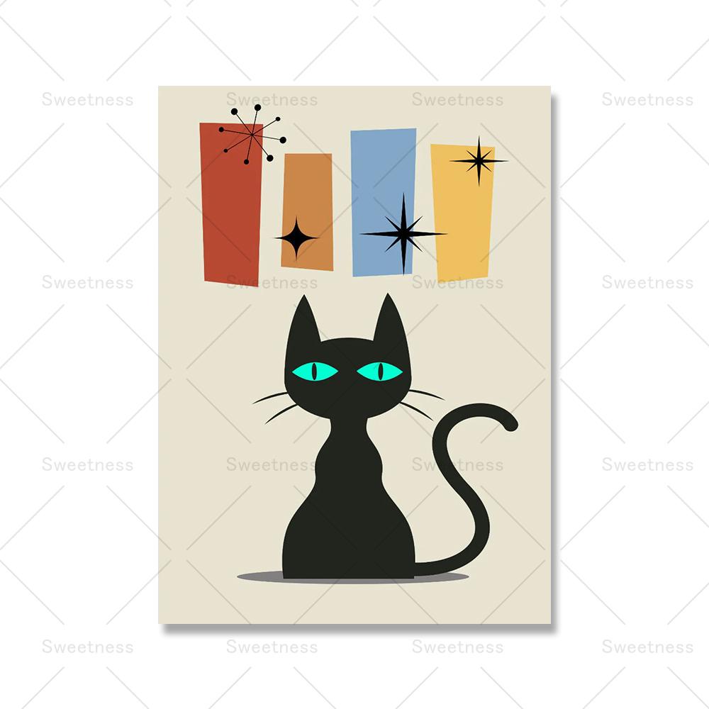Lustige Katzen Mid Century Poster und Drucke Leinwand Malerei Schwarze Katze Wandbilder für Wohnzimmer Katzenliebhaber Geschenk Home Decoration Kein Rahmen