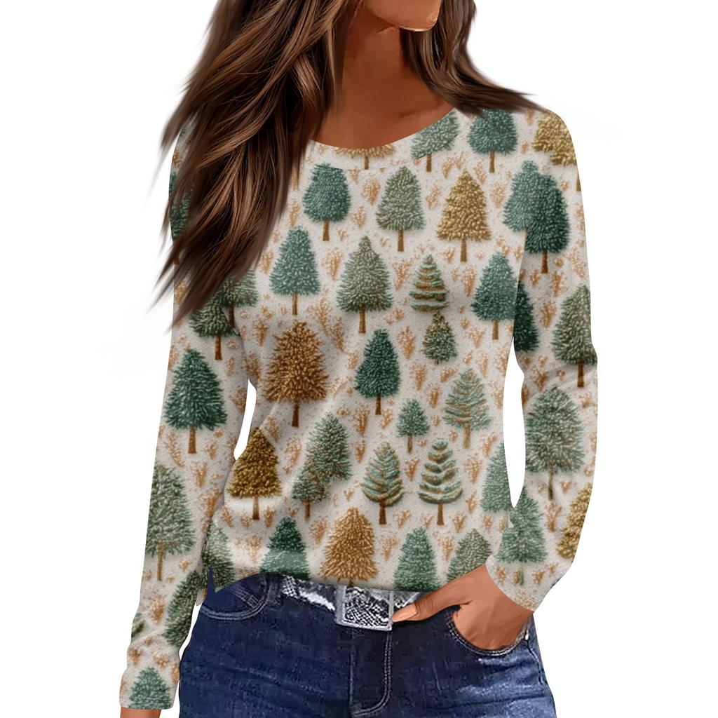 Women's Fashion Casual Slit Hem Round Neck Long Sleeve Loose  Printed T-Shirt Ladies Top