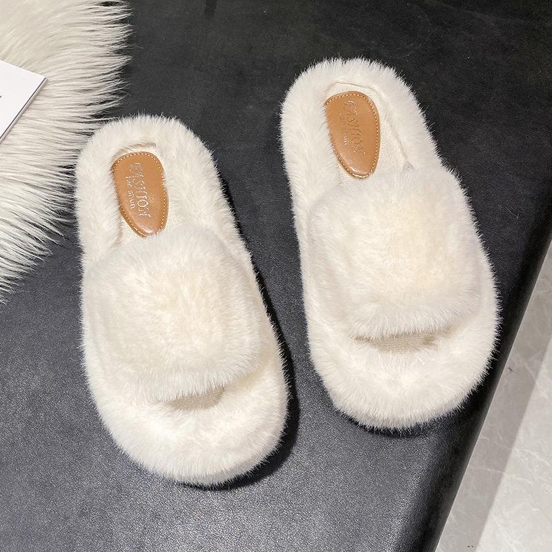 Height-increasing thick-soled fluffy slippers women's autumn and winter outer wear fluffy shoes one-word ins home home plush drag spring and summer