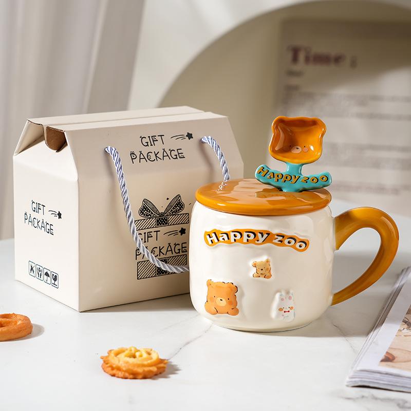 Creative High Value Ceramic Cup with Lid for Home Cute Couple Water Cup Gift Box High End Souvenir Gift Mug