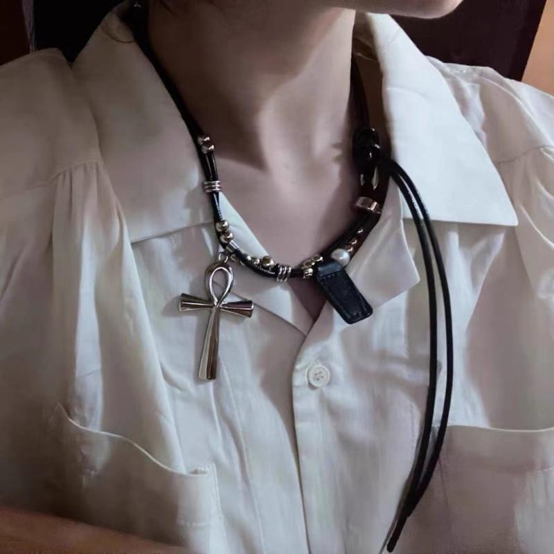 Lederseil Titanstahl Halskette Kreuz Anhänger Choker Kette Lange Pulloverkette Partner Schmuck Ornament Damen Mädchen