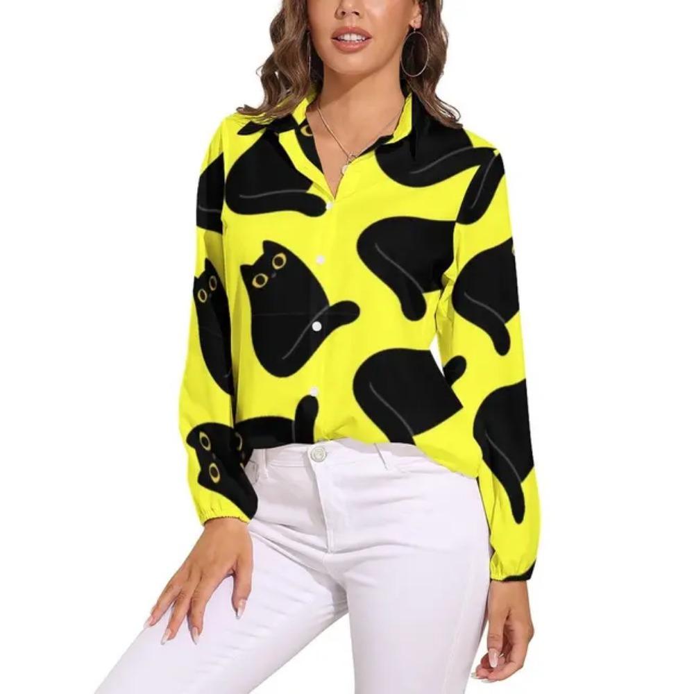 Black Cat Blouse For Women Cute Classic Cat Print Loose Blouses Long Sleeve Kawaii Shirts Spring Casual Clothing Big Size Blouse