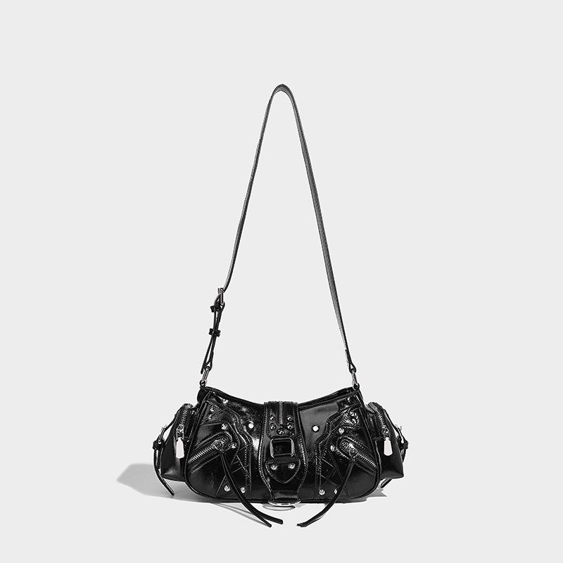 

New European and American retro biker-style underarm bag for women, niche studded shoulder bag with multiple pockets, oil wax leather crossbody bag чёрный