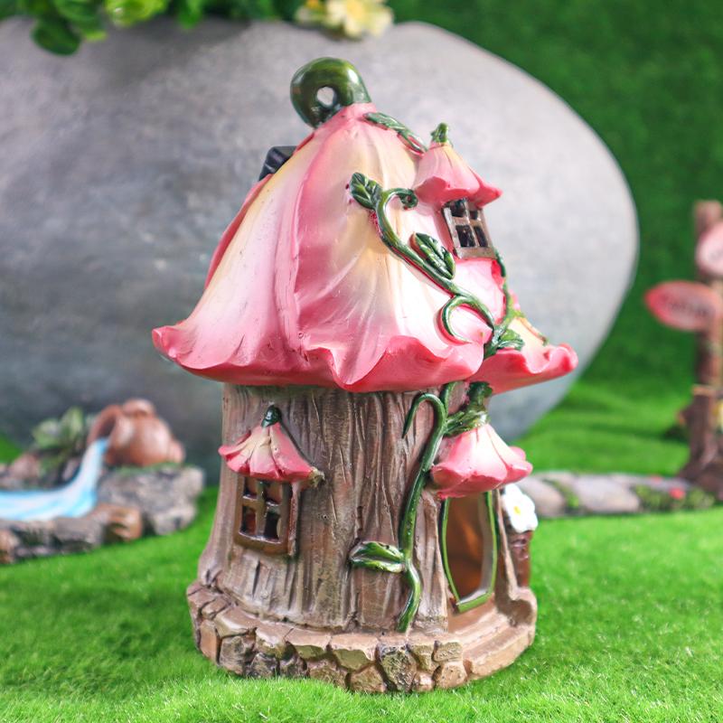 Creative Mushroom House & Flower House Ornaments Solar-Powered Garden Figurines, Yard Landscape Decor, Resin Handicrafts