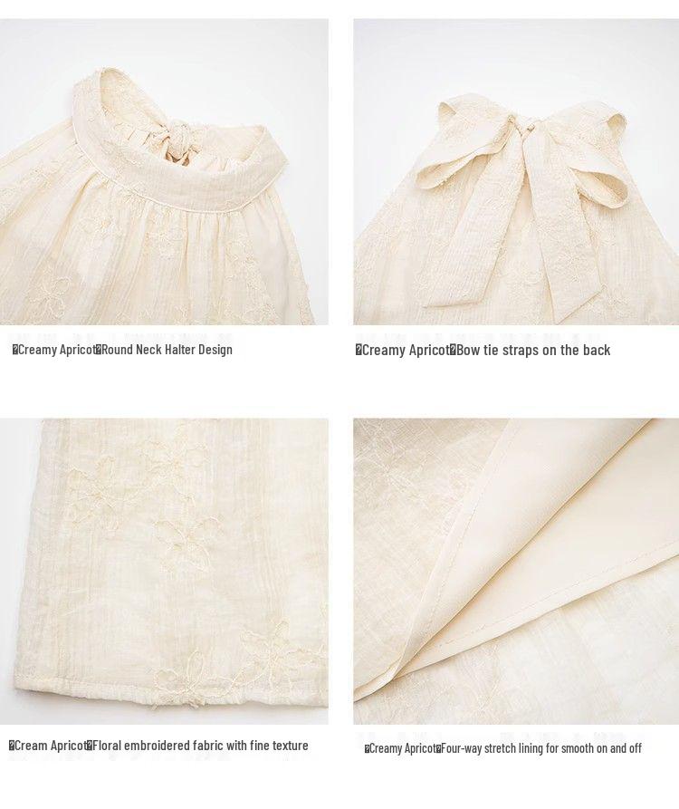 French-Style Summer Chiffon Halter Neck Dress with Embroidered A-Line Skirt