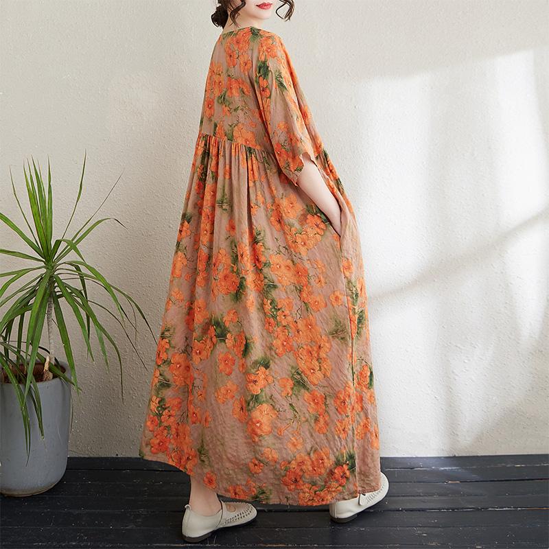 DIMANAF 2024 Plus Size Dress New Summer Basic Loose Women O-Neck Vintage Short Sleeve Big Size Beach Long Dress