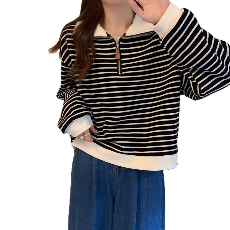 Plus Size Womens Striped Polo Neck Half Zip Sweatshirt Loose Fitting Long Sleeve Top