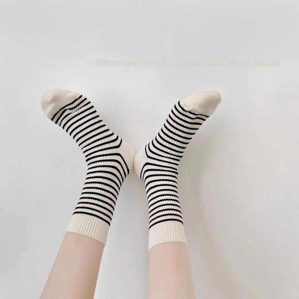 Women's Versatile Stripe Mid-Calf Socks - Japanese Cotton, Textured, Casual, Over-the-Knee, Autumn/Winter