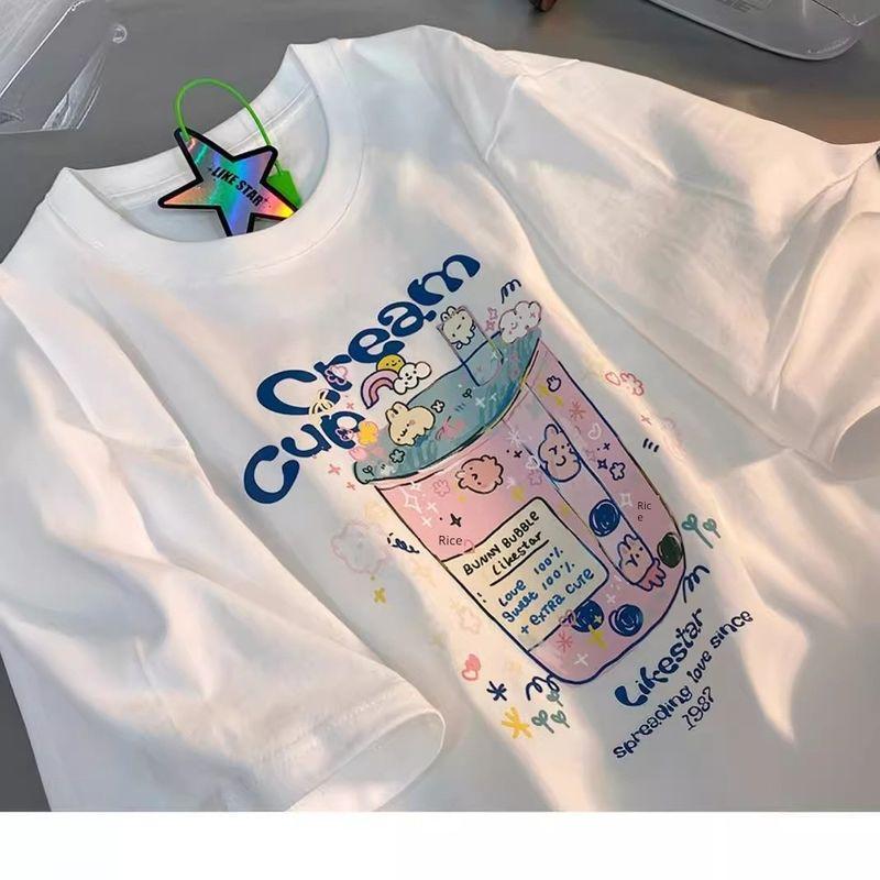 Blue~Heavyweight Pure Cotton Short-Sleeved T-Shirt for Women, New Loose-Fitting American-Style Half-Sleeved Top, Summer T-Shirt for Plus-Size Women