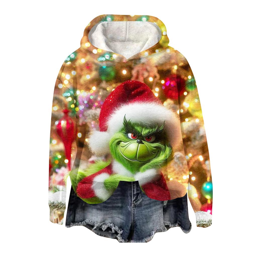 Ladies' Christmas Greentown Print Casual Long Sleeved Hooded Sweatshirt Top