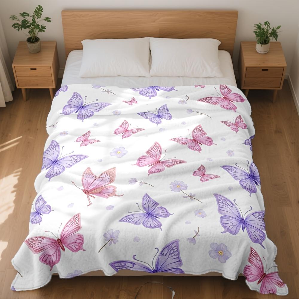 Purple Pink Butterfly Floral Art Throw Blanket - Vibrant Botanical Pattern Cozy Soft Accent for Bed Couch Dorm Holiday Gift