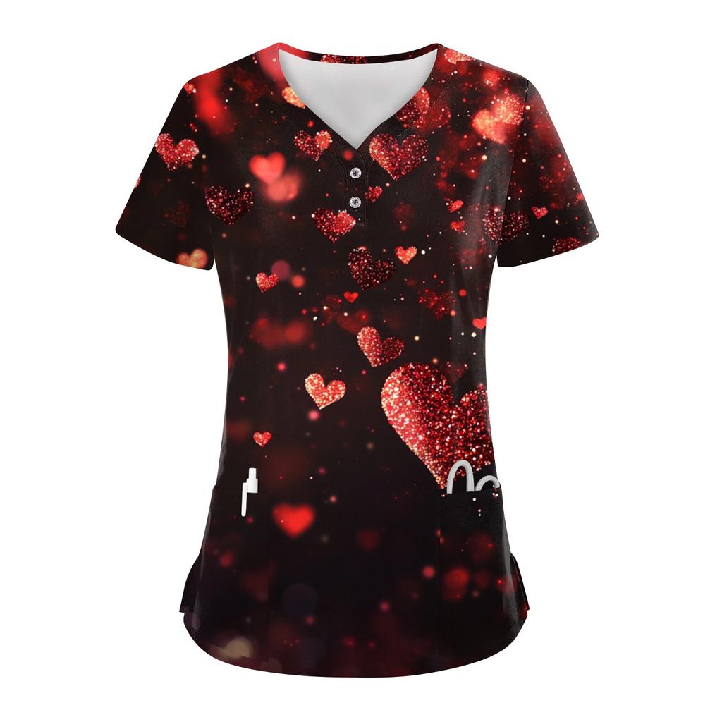 Women's Button V Neck Fashion Casual ChristmasValentine's Day Print Tops Dry-nurse Top,Scrubs Tops For Women,2 Pockets