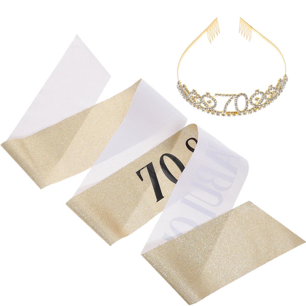 1Set Birthday Crown Tiara Sash Set Glitter Rhinestone Decoration for 70th Birthday Party Women Glamorous