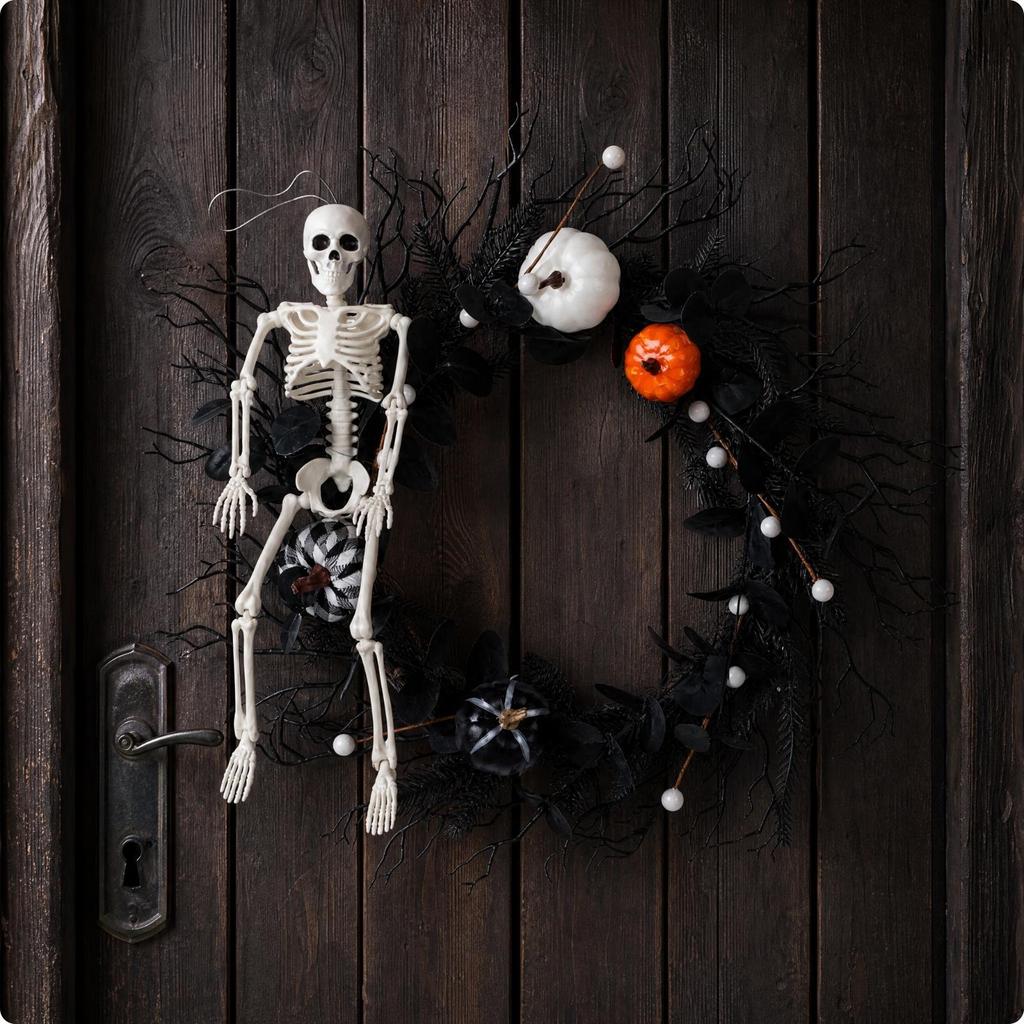 Easy Setup Wreath with Skeleton | Black Artificial Foliage, Lightweight Hanging Construction,