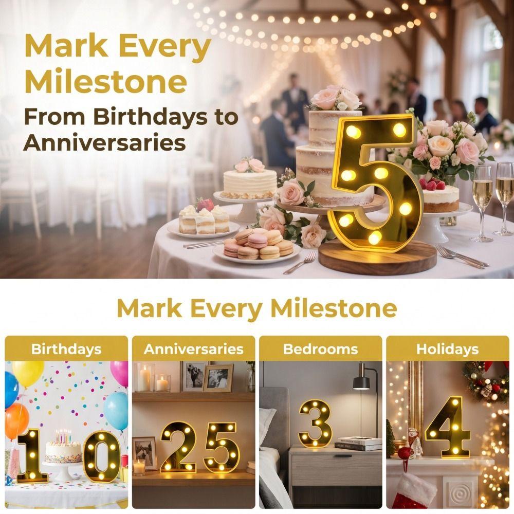 Gold 16CM Letters Lights Creative Mirror-Shaped Golden Numbers Led Lights Battery Powered Luminous Atmosphere Lamp