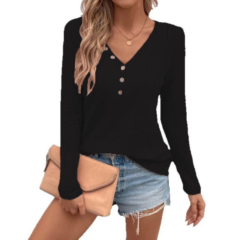 New Women's V-neck Button Solid-color Long-sleeved T-shirt for Autumn and Winter