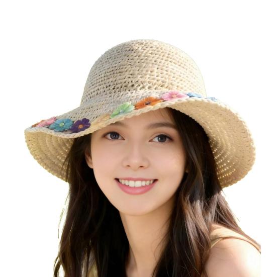 Beach Hat Hollow Design Large Eaves UV Blocking Colorful Flower Decoration Sun Protection Hat Portable Hand-Crocheted Straw Hat