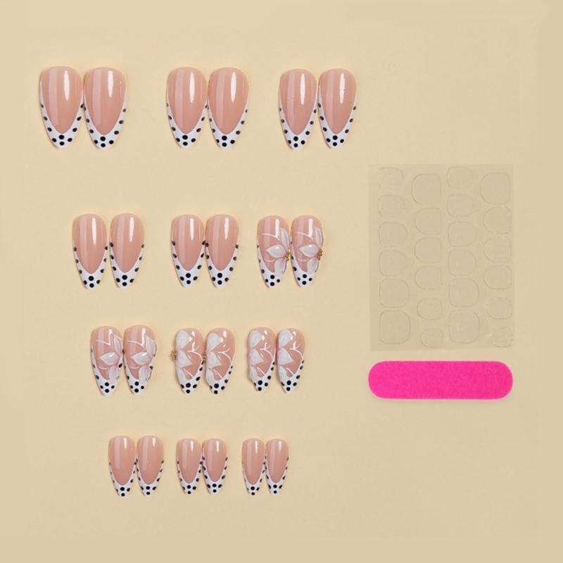 Flower Detail Press On Nail Manicure Kit With Soft Pink French Edge Design, Dot Pattern Finish and 24 Piece Multi Size Wear for Party Styling