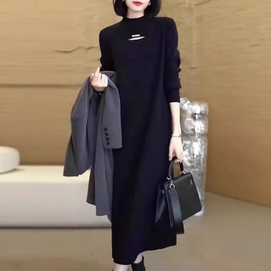 Semi-turtleneck with coat temperament dress women's autumn and winter medium and long loose and thin solid color knitted sweater skirt